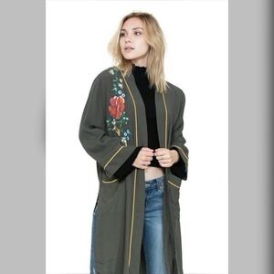 The Room Embroidered Olive Green Long Cardigan Kimono Duster Medium Boho Festiva